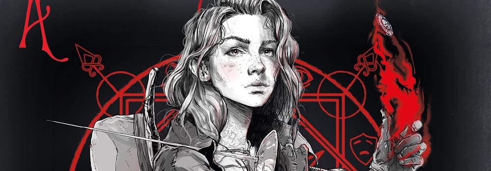 Illu de couverture, Ferius en noir et blanc sur fond noir avec un motif rouge. Elle tient une rapière qui repose sur son épaule, et lance une pièce en l'ait avec l'autre main.