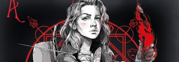 Illu de couverture, Ferius en noir et blanc sur fond noir avec un motif rouge. Elle tient une rapière qui repose sur son épaule, et lance une pièce en l'ait avec l'autre main.